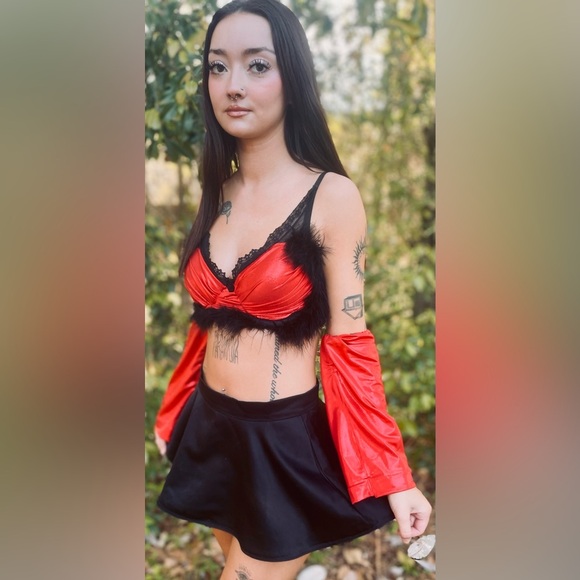 Ladies Red And Black Up-cycled Festival Rave Outfit 4 Piece Size Medium - Picture 9 of 13